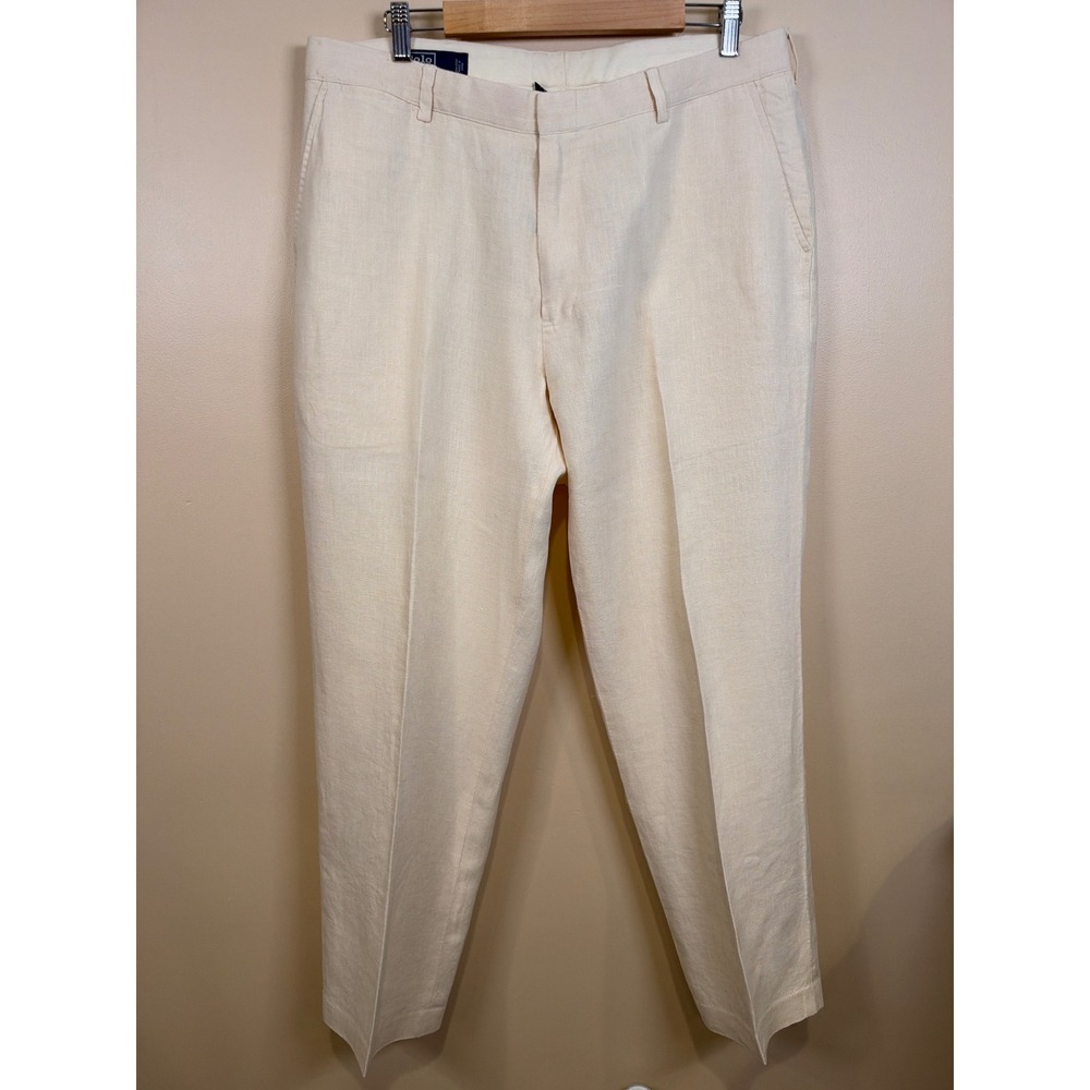 Polo Ralph Lauren 100% Linen Trousers Mens 38/32 Cream Classic Flat Front Pants